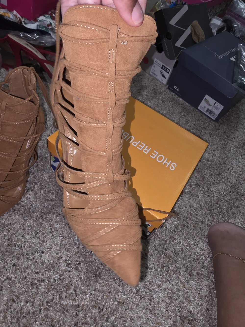 Shoe Republic LA Women's Tan Lace-Up Pointed Toe Heels
